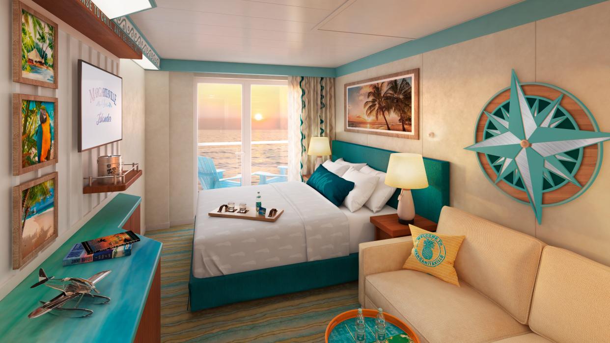 A balcony stateroom on Margaritaville at Sea Islander.