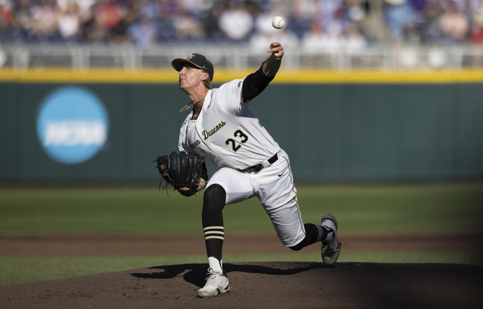 FILE - Wake Forest starting pitcher Josh Hartle throws against LSU in the first inning of a baseball game at the NCAA College World Series in Omaha, Neb., Monday, June 19, 2023. (AP Photo/Rebecca S. Gratz, File)