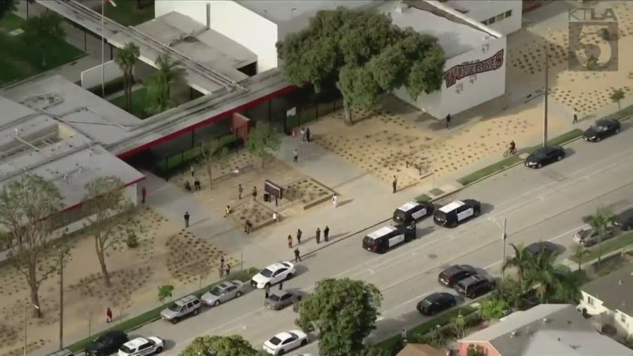 A Long Beach middle school was evacuated for a potential bomb threat Tuesday morning. (Sky5)
