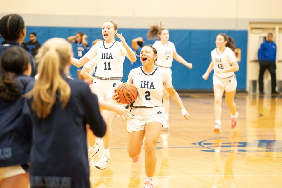 Jan 18, 2024; Teaneck, NJ, USA; Immaculate Heart Academy girls basketball at Teaneck. IHA celebrates defeating Teaneck.