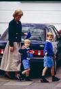 <p>Diana's school drop-off uniform included a chic rotation of blazers. For this milestone day, Diana chose a slightly cropped blazer: she and Prince William were accompanying Prince Harry to his first day of nursery school in September 1988.<br></p>