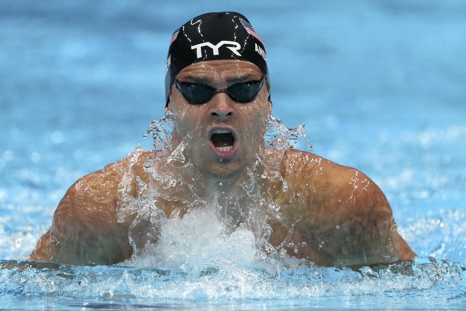 Michael Andrew of the United States swims in a men's 200-meter individual medley semifinal at the 2020 Summer Olympics, Thursday, July 29, 2021, in Tokyo, Japan. (AP Photo/Matthias Schrader)