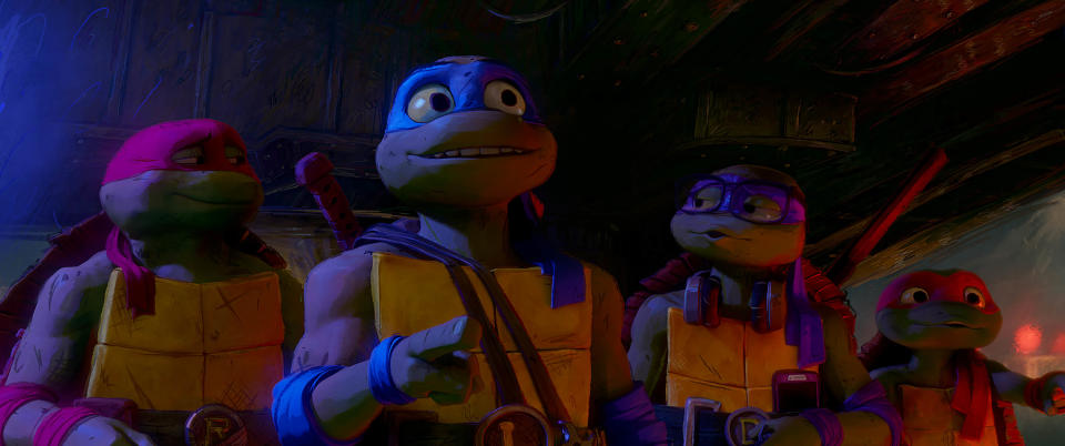 L-R: Raphael, Leonardo, Donatello and Michelangelo in Teenage Mutant Ninja Turtles: Mutant Mayhem. (Paramount)