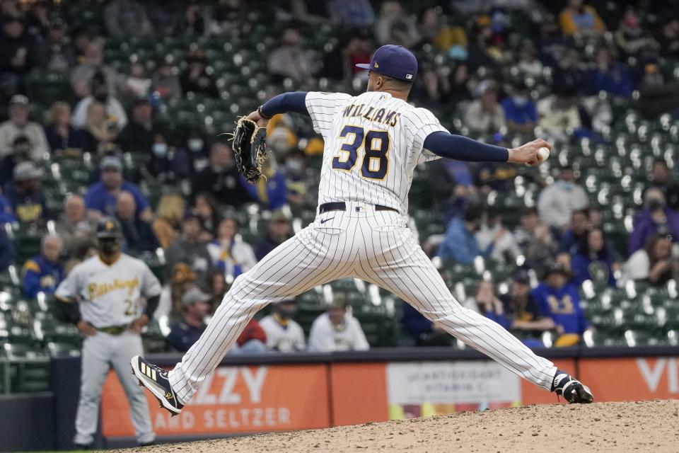 Milwaukee Brewers' Devin Williams throws during the eighth inning of a baseball game against the Pittsburgh Pirates Sunday, April 18, 2021, in Milwaukee. (AP Photo/Morry Gash)