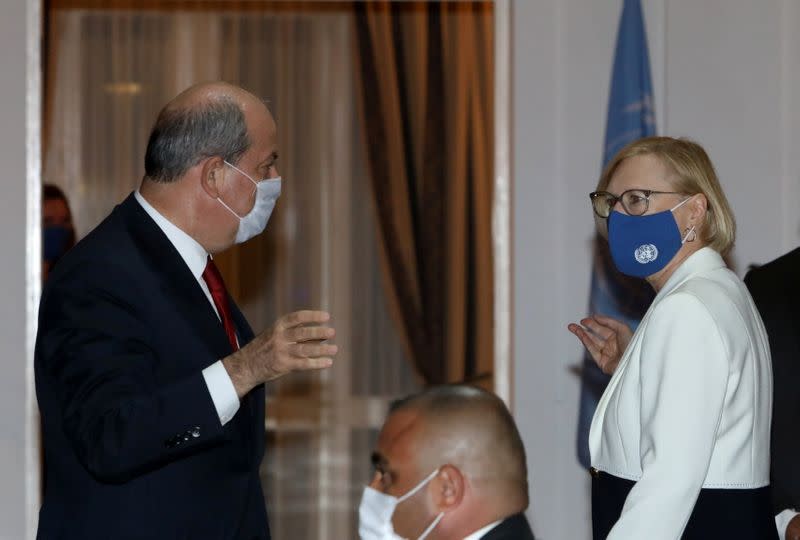 Elizabeth Spehar, U.N. Special Representative of the Secretary-General and Head of UNFICYP Mission welcomes Turkish Cypriot leader Ersin Tatar in the buffer zone of Nicosia airport