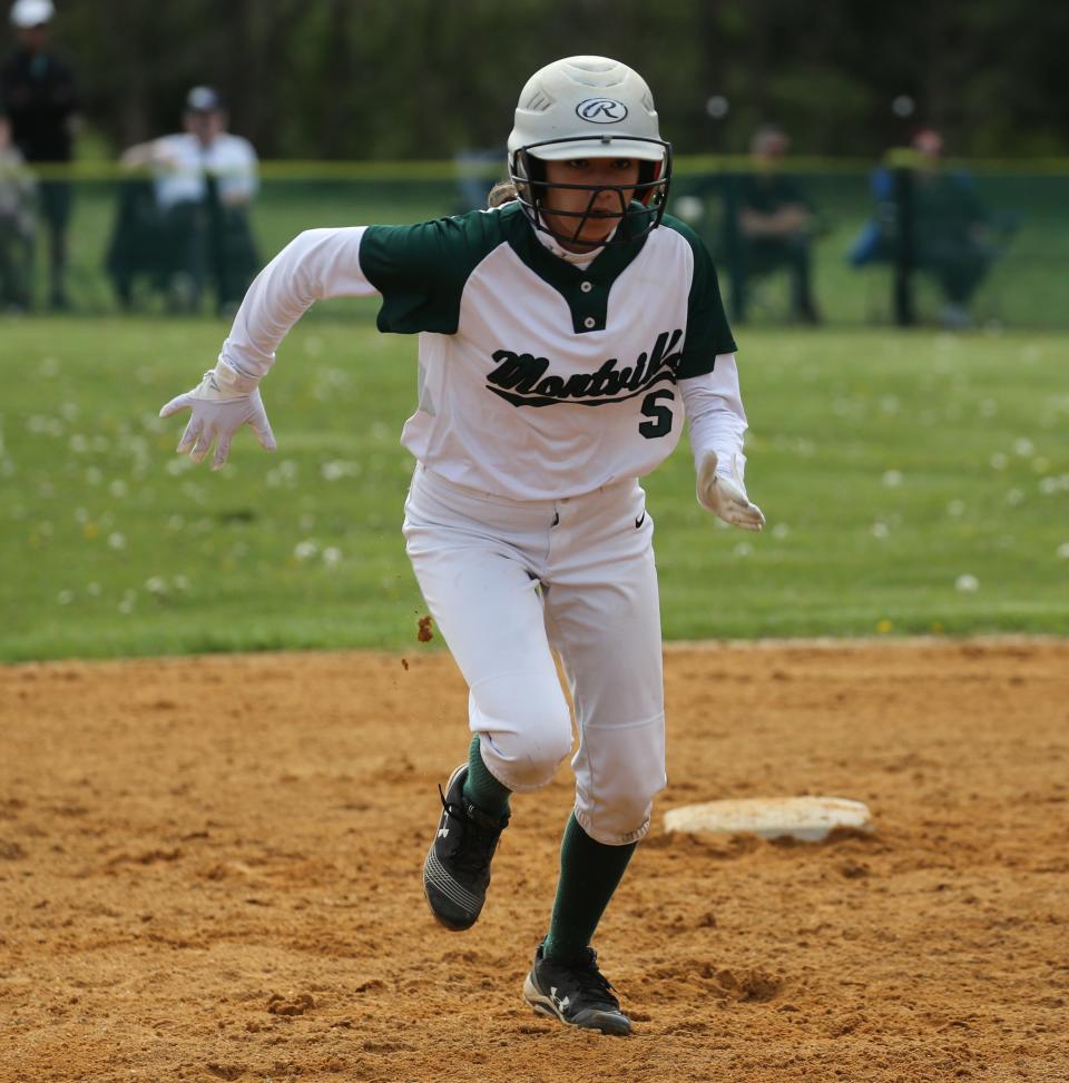 Lyla Monte of Montville runs from second and scored the first run of of the game as Montville topped Kinnelon 3-0 in a game played at Montville on May 4, 2022.