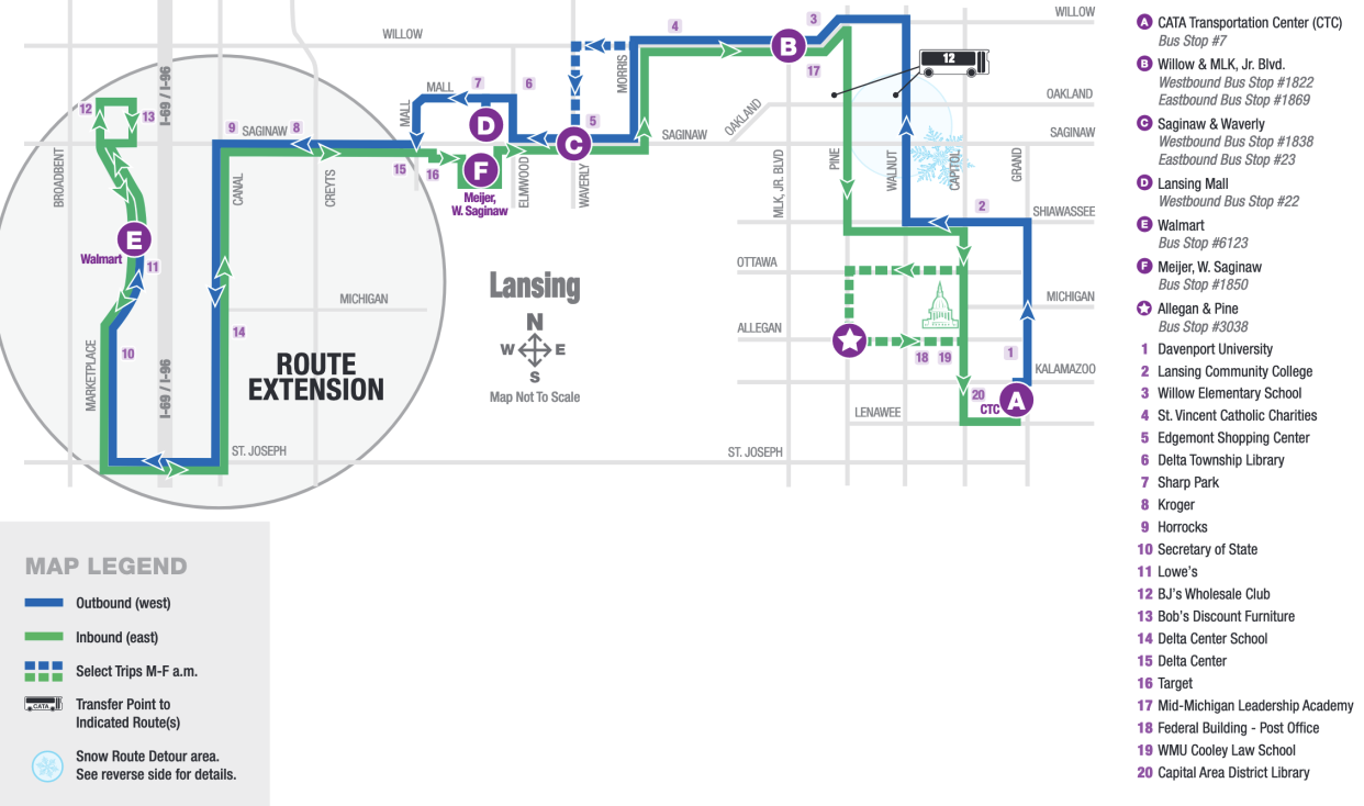 Capital Area Transportation Agency announced it is extending Route 3 to the shopping center along Marketplace Boulevard in Delta Township starting May 8. The change will add about 30 stops.