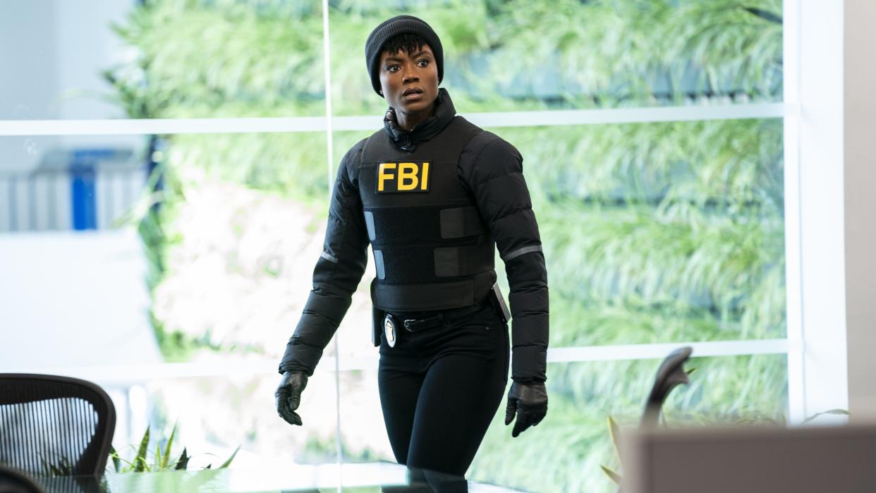  Katherine Renee Kane as Special Agent Tiffany Wallace in all black in FBI season 6. 