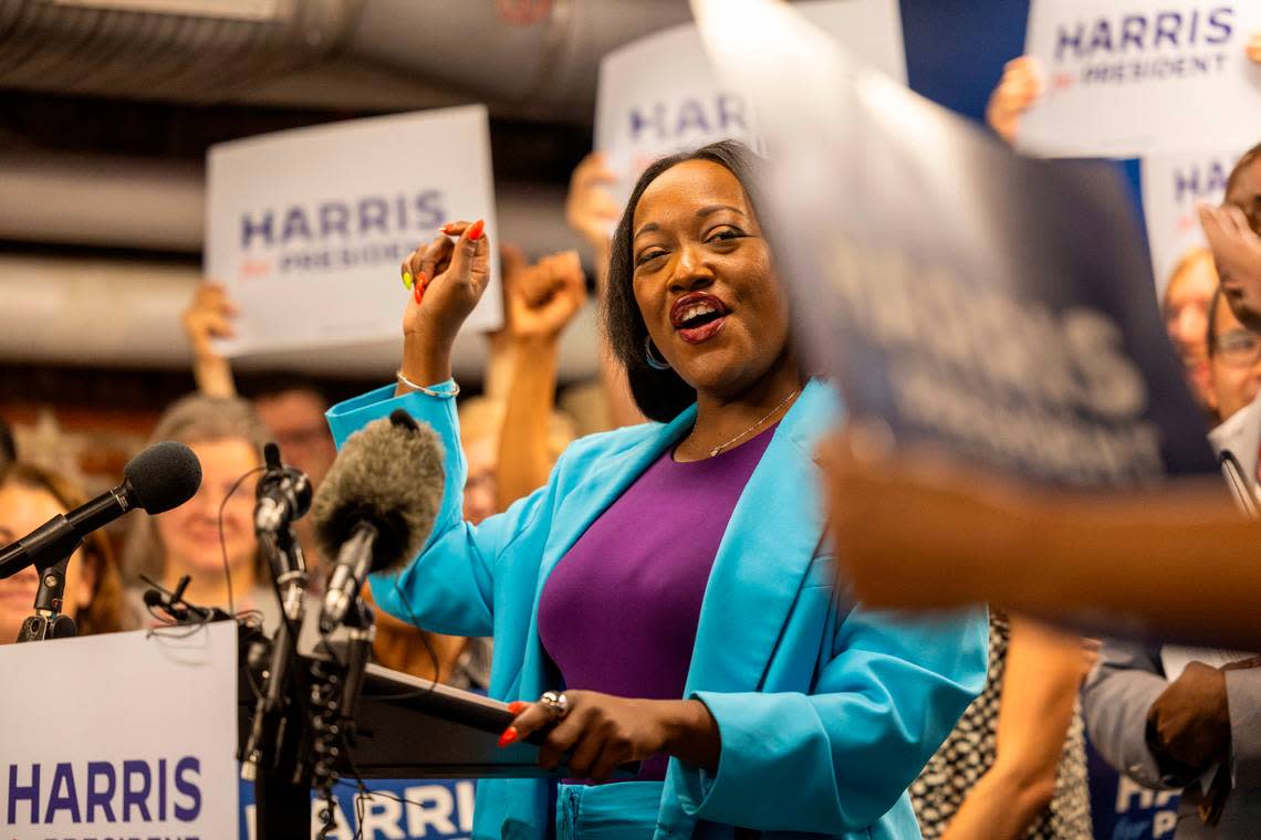 State Sen. Natalie Murdock, a Durham Democrat, speaks during a rally in support of Vice President Kamala Harris’s presidential campaign in Raleigh on Thursday, July 25, 2024.