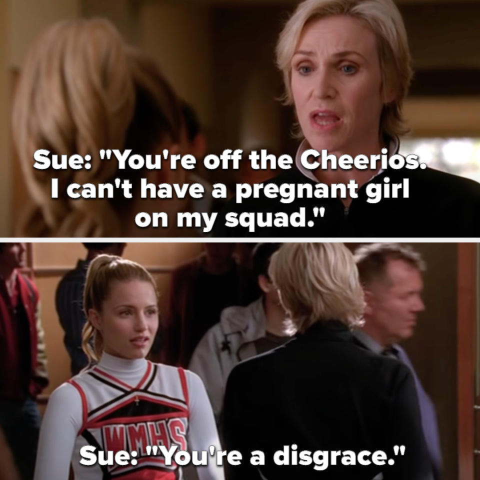 Sue kicks Quinn off the Cheerios for being pregnant and calls her a "disgrace"