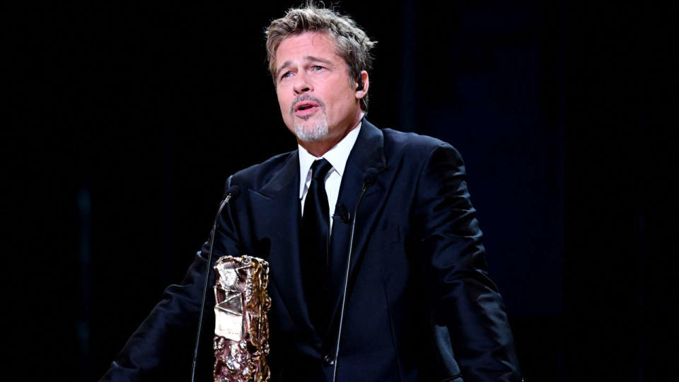 US Actor Brad Pitt speaks during the 48th edition of the Cesar Film Awards ceremony at the Olympia venue in Paris on February 24, 2023. (Photo by BERTRAND GUAY / AFP)