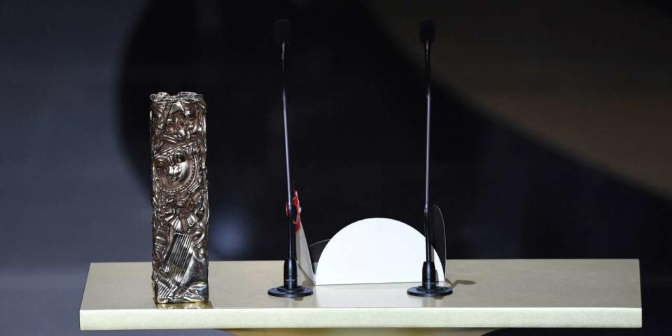 A Cesar award is pictured on stage during the 46th edition of the Cesar Film Awards ceremony at The Olympia concert venue in Paris on March 12, 2021. (Photo by Bertrand GUAY / POOL / AFP)