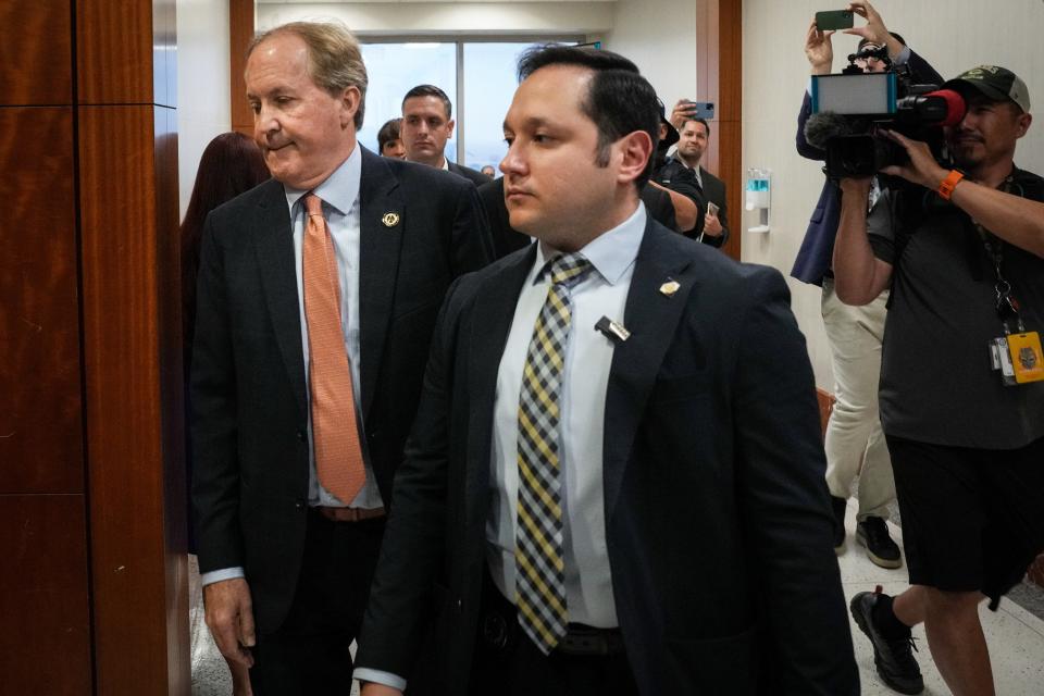 Attorney General Ken Paxton, left, is asking the state's highest civil court to toss out his pending, court-ordered deposition or at least greatly limit the scope of what can be asked of him under oath by four former agency employees in their whistleblower lawsuit.