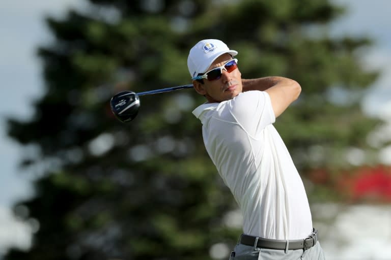 Rafa Cabrera Bello of Europe plays a tee shot during practice prior to the 2016 Ryder Cup at Hazeltine National Golf Club