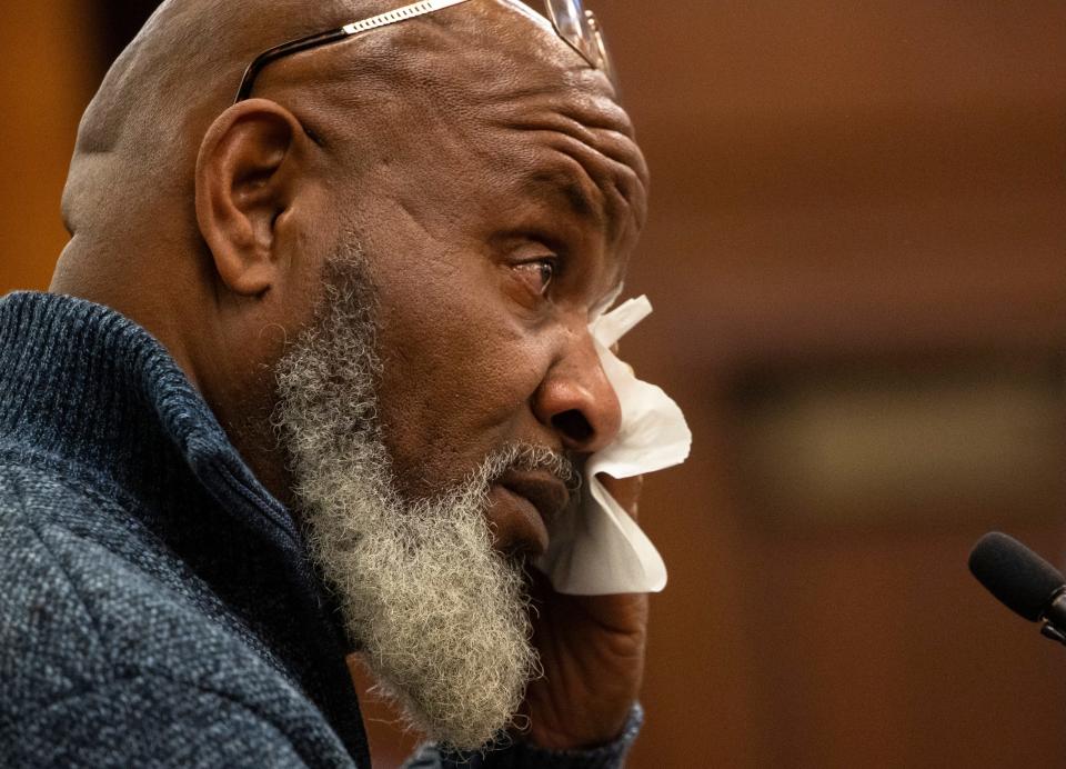 Angel Jordan Jinks tears up after speaking with Alex Murdaugh during Murdaugh's sentencing for stealing from 18 clients, Tuesday, Nov. 28, 2023, at the Beaufort County Courthouse in Beaufort, S.C. (Andrew J. Whitaker/The Post And Courier via AP, Pool)