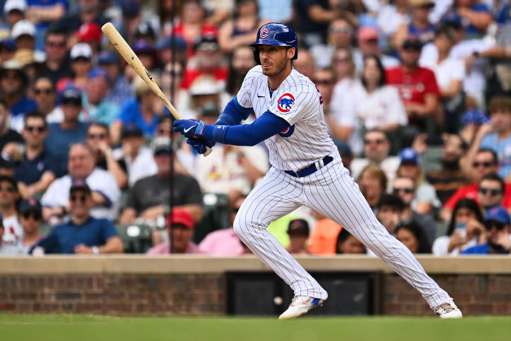 Cody Bellinger of the Chicago Cubs bats against the St. Louis Cardinals at Wrigley Field on July 22, 2023 in Chicago, Illinois. 
