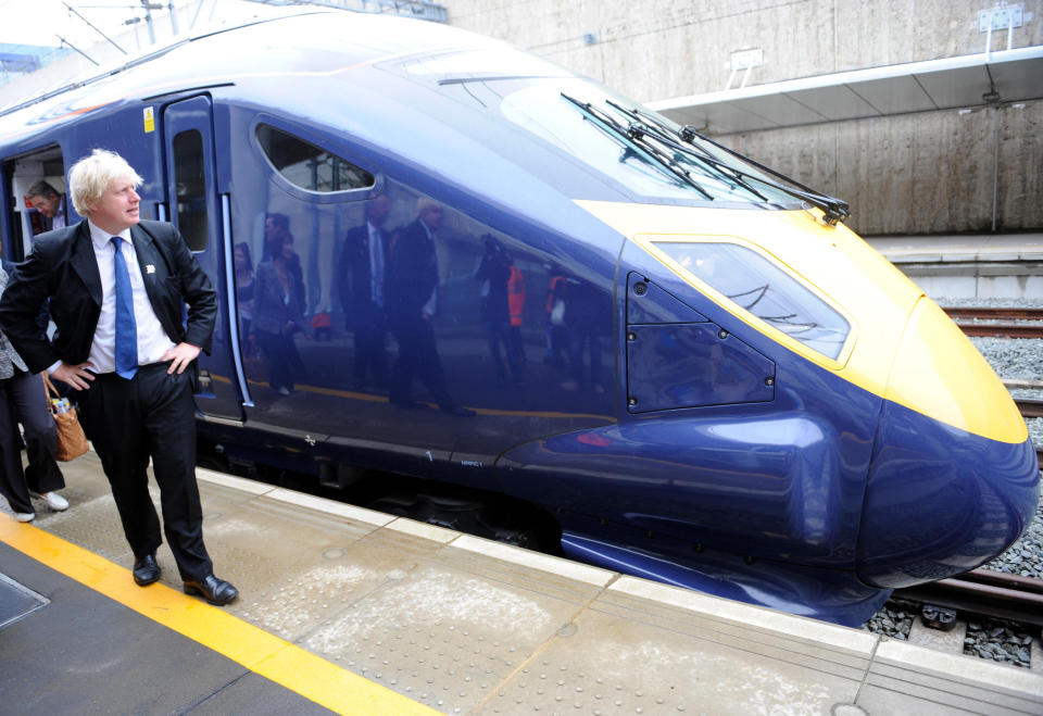 London Mayor Boris Johnson arrives on the high speed Javelin train at Stratford Station where he will view ongoing construction work at the Olympic stadium in east London.