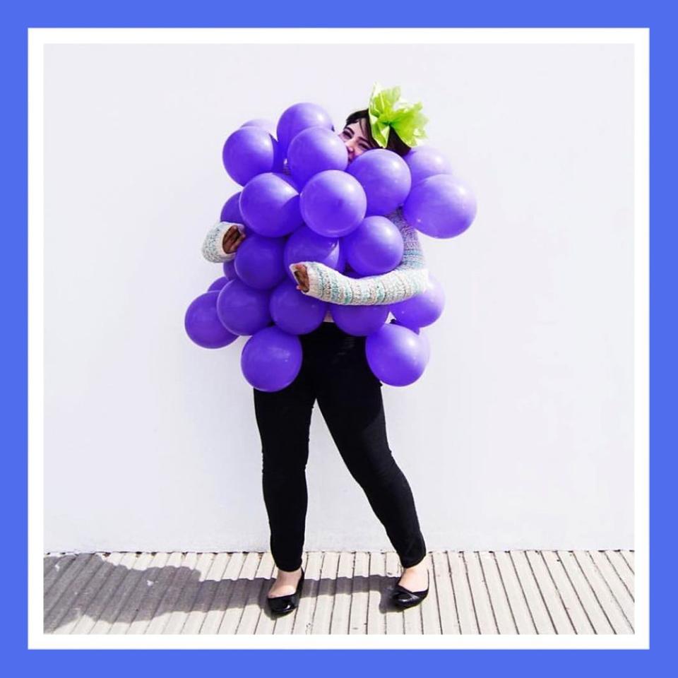 <p><a class="link " href="https://www.amazon.com/Purple-Balloons-100-Pack-12-Inch-Latex/dp/B08CRN13L4?tag=syn-yahoo-20&ascsubtag=%5Bartid%7C2089.g.1715%5Bsrc%7Cyahoo-us" rel="nofollow noopener" target="_blank" data-ylk="slk:Shop Balloons">Shop Balloons</a></p><p>If you have enough time to run to a party supply store, all you need for this costume are some <a href="https://www.amazon.com/Treasures-Gifted-Balloons-Metallic-Decorations/dp/B074SWG2FY/?tag=syn-yahoo-20&ascsubtag=%5Bartid%7C2089.g.1715%5Bsrc%7Cyahoo-us" rel="nofollow noopener" target="_blank" data-ylk="slk:purple" class="link ">purple</a> or <a href="https://www.amazon.com/Latex-Balloons-12-Inch-320-g-Light/dp/B07SGQ9DD5/ref?tag=syn-yahoo-20&ascsubtag=%5Bartid%7C2089.g.1715%5Bsrc%7Cyahoo-us" rel="nofollow noopener" target="_blank" data-ylk="slk:green balloons" class="link ">green balloons</a> and some safety pins to secure them to your clothes. For a finishing touch, cut out some grape leaves from green construction paper and tape or glue them to a headband. </p><p><strong>Source:</strong> <a href="https://www.instagram.com/p/BMPtwztByJk/" rel="nofollow noopener" target="_blank" data-ylk="slk:@judehnd" class="link ">@judehnd</a></p>