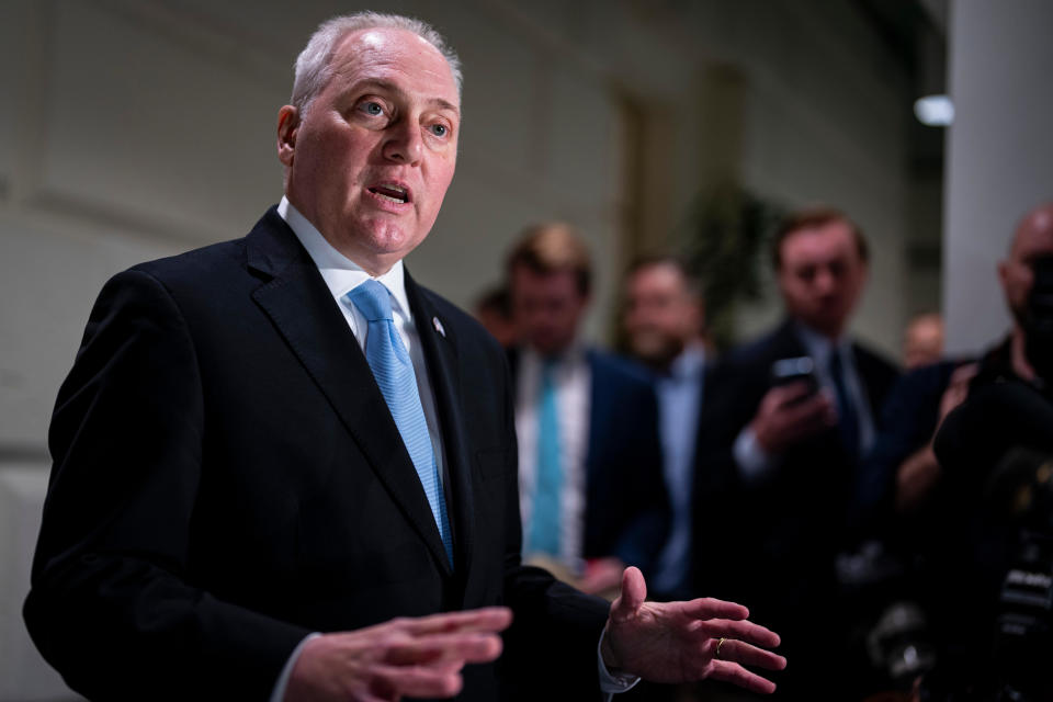 House Majority Leader Steve Scalise, a Republican from Louisiana, speaks with members of the media in the Capitol on Thursday, Oct. 12, 2023.  / Credit: Al Drago/Bloomberg via Getty Images