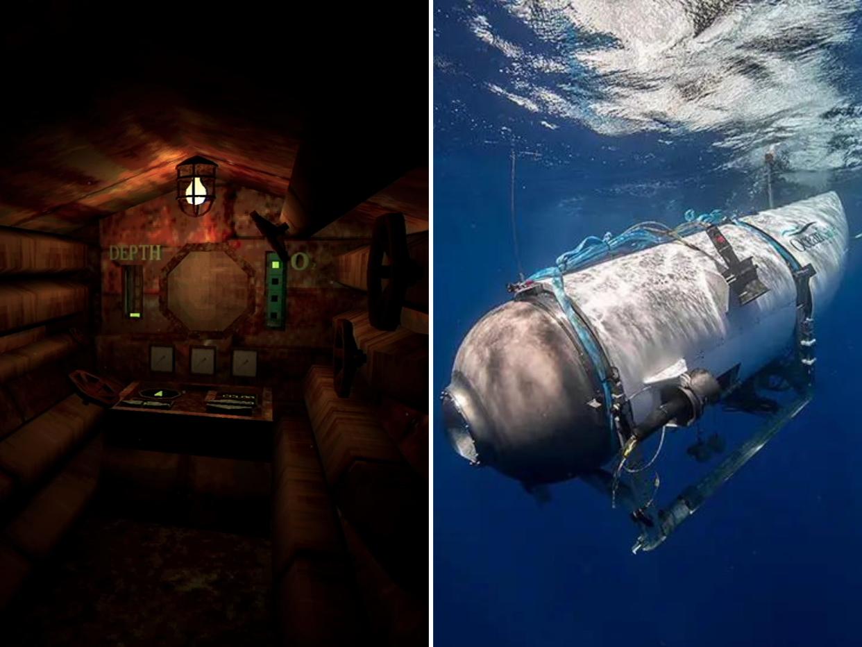 left: the video game interior of a submarine. it's dark and rusty inside, and various gadgets and dials that read "depth" and have glowing lights; right: the titan submersible, a small underwater craft with a rounded front and pointed back