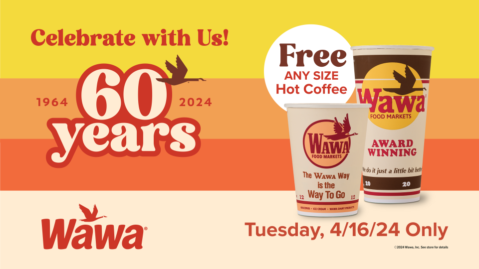 In honor of the company's 60th anniversary, customers can get a free hot coffee of any size, all day, at all Wawa stores across the country on Tuesday, April 16.