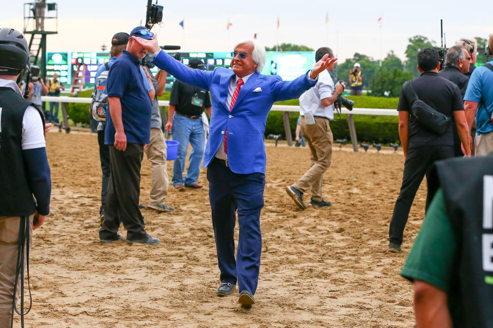 Bob Baffert celebrates winning the Triple Crown for a second time, this time with Justify. (AP)