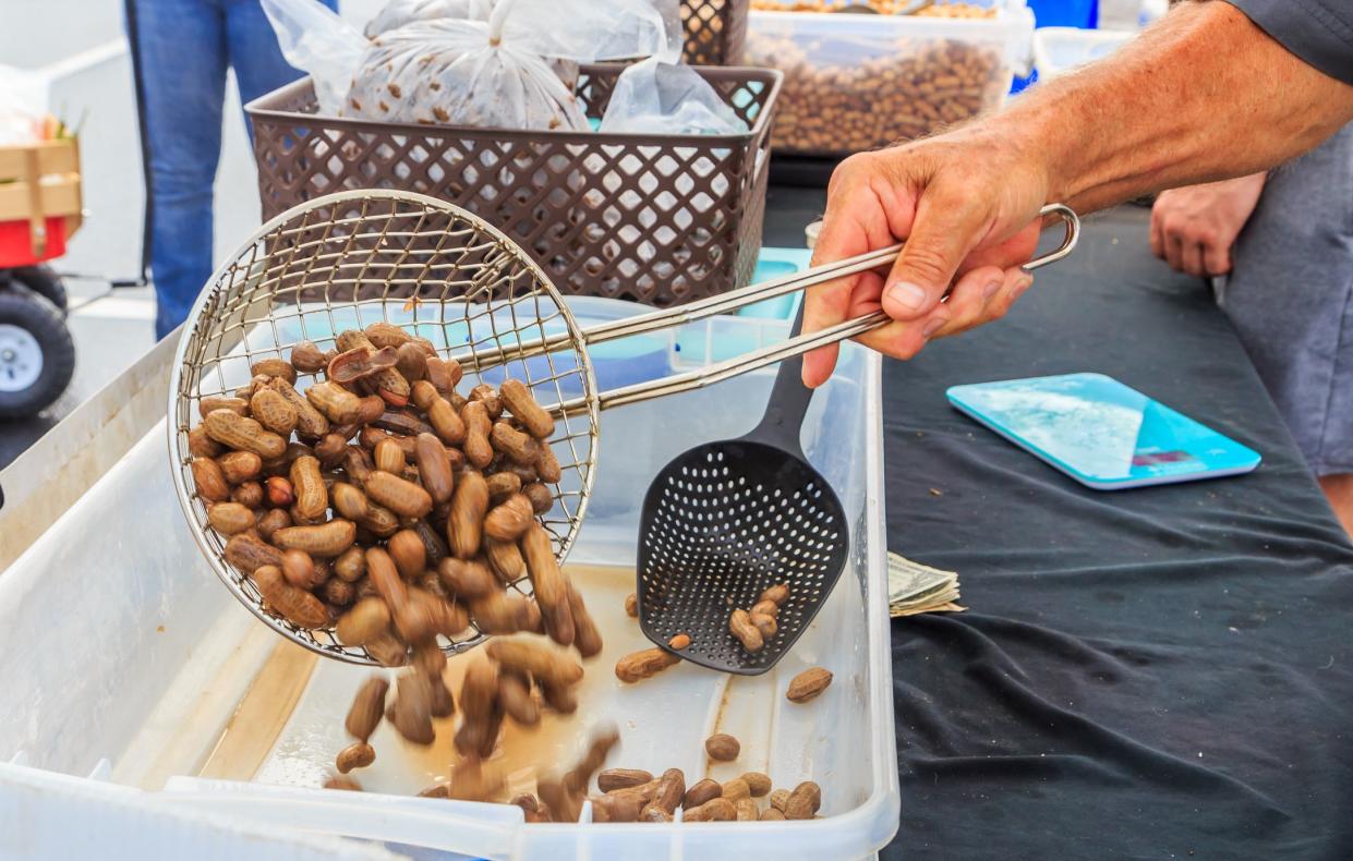 Fresh boiled peanuts being sold at a farmers market in Montgomery, Alabama.