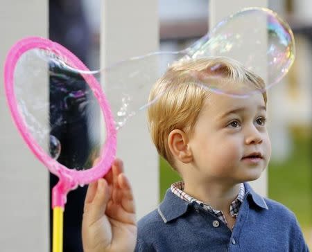 Britain's Prince George watches as bubbles are blown at a children's party at Government House in Victoria, British Columbia, Canada, September 29, 2016. REUTERS/Chris Wattie