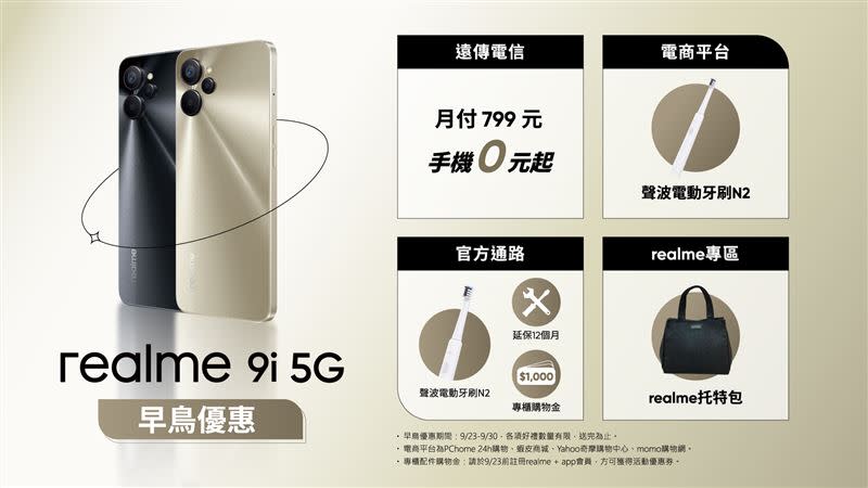 realme 9i 5G推出光澤金與搖滾黑雙色，配置6+128GB記憶體，售價新台幣7,990元。（圖／品牌提供）