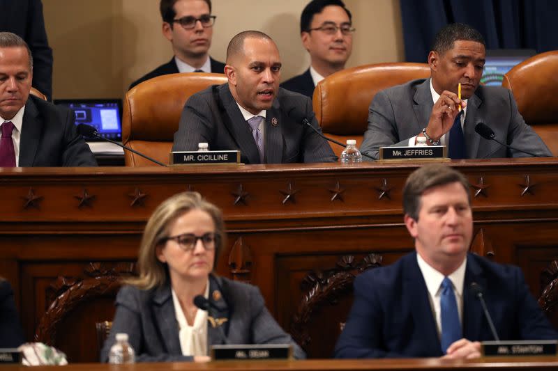 House Judiciary Committee Chairman Rep. Hakeem Jeffries, D-NY., votes for the first of two articles during a House Judiciary Committee markup of the articles of impeachment against President Donald Trump in Washington