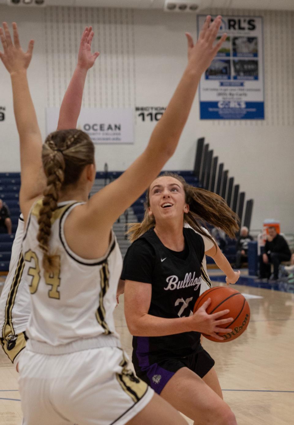 Rumson's Sylvie Notine drives to the bucket. Rumson-Fair Haven Girls basketball vs Point Pleasant Borough in 2023 WOBM Christmas Tournament opening round in Toms River on December 26, 2023.