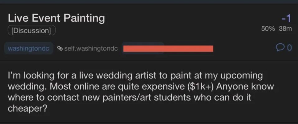 post asking for a wedding artist for less than $1 thousand