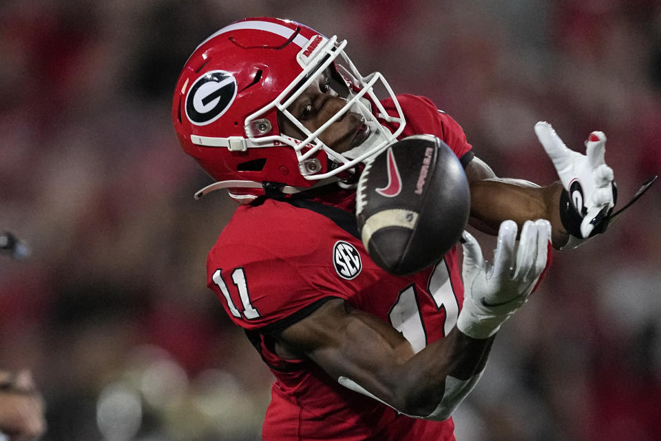 Georgia wide receiver Arian Smith (11) can't catch a pass during the first half of an NCAA college football game against UAB , Saturday, Sept. 23, 2023, in Athens, Ga. (AP Photo/John Bazemore)