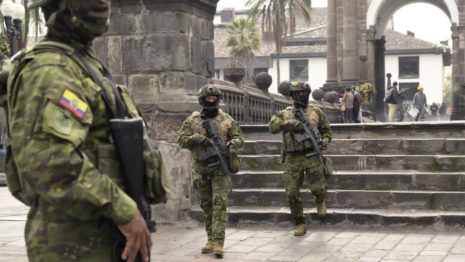 Soldiers are deployed in downtown Quito on January 9, 2024, a day after Ecuadorean President Daniel Noboa declared a state of emergency. - Rodrigo Buendia/AFP/Getty Images