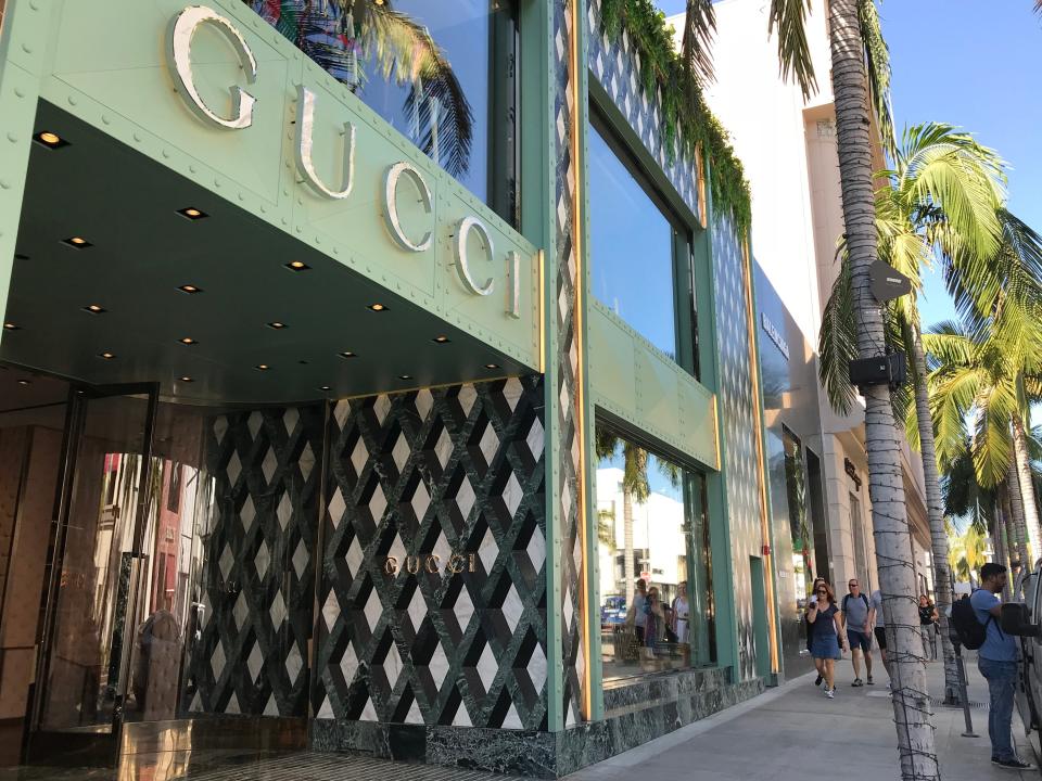 The green exterior of the Gucci store in Beverly Hills.