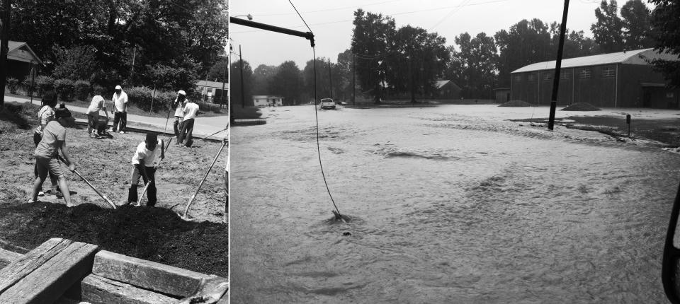 Right: A street in the town looked like after a storm before it had an updated drainage system. Left: Kids in Creek Rangers helping to build a green space where flooding once was. (Photo: Courtesy Romona Williams)