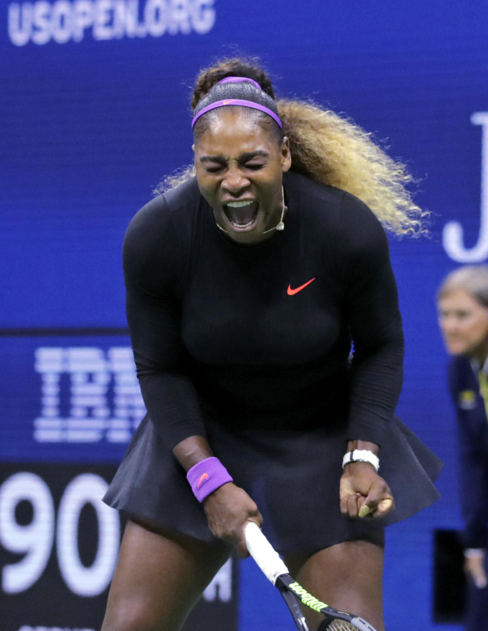 Serena Williams, of the United States, screams after winning a point against Caty McNally, of the United States, during the second round of the U.S. Open tennis tournament in New York, Wednesday, Aug. 28, 2019. (AP Photo/Charles Krupa)