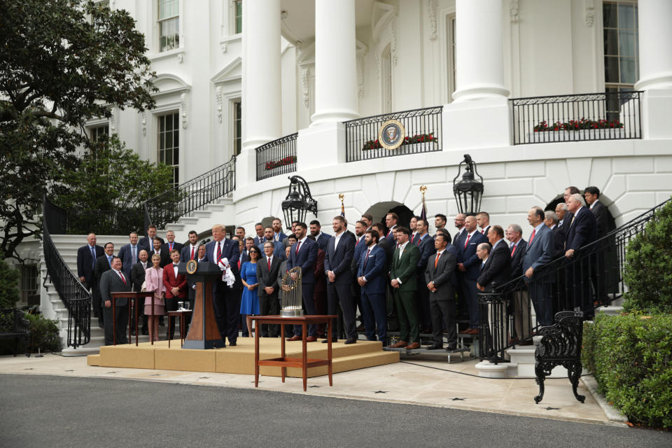 U.S. President Donald Trump speaks as he hosts the Boston Red Sox at South Lawn of the White House May 9, 2019 in Washington, DC. President Donald Trump hosted the Boston Red Sox to honor their championship of the 2018 World Series.(Photo by Alex Wong/Getty Images)