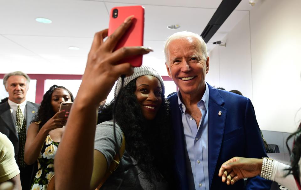 Democratic 2020 presidential hopeful Former Vice President Joe Biden poses for selfies while visiting with students at Texas Southern University Student Life Center in Houston, Texas on September 13, 2019. (Photo by Frederic J. BROWN / AFP)        (Photo credit should read FREDERIC J. BROWN/AFP via Getty Images)