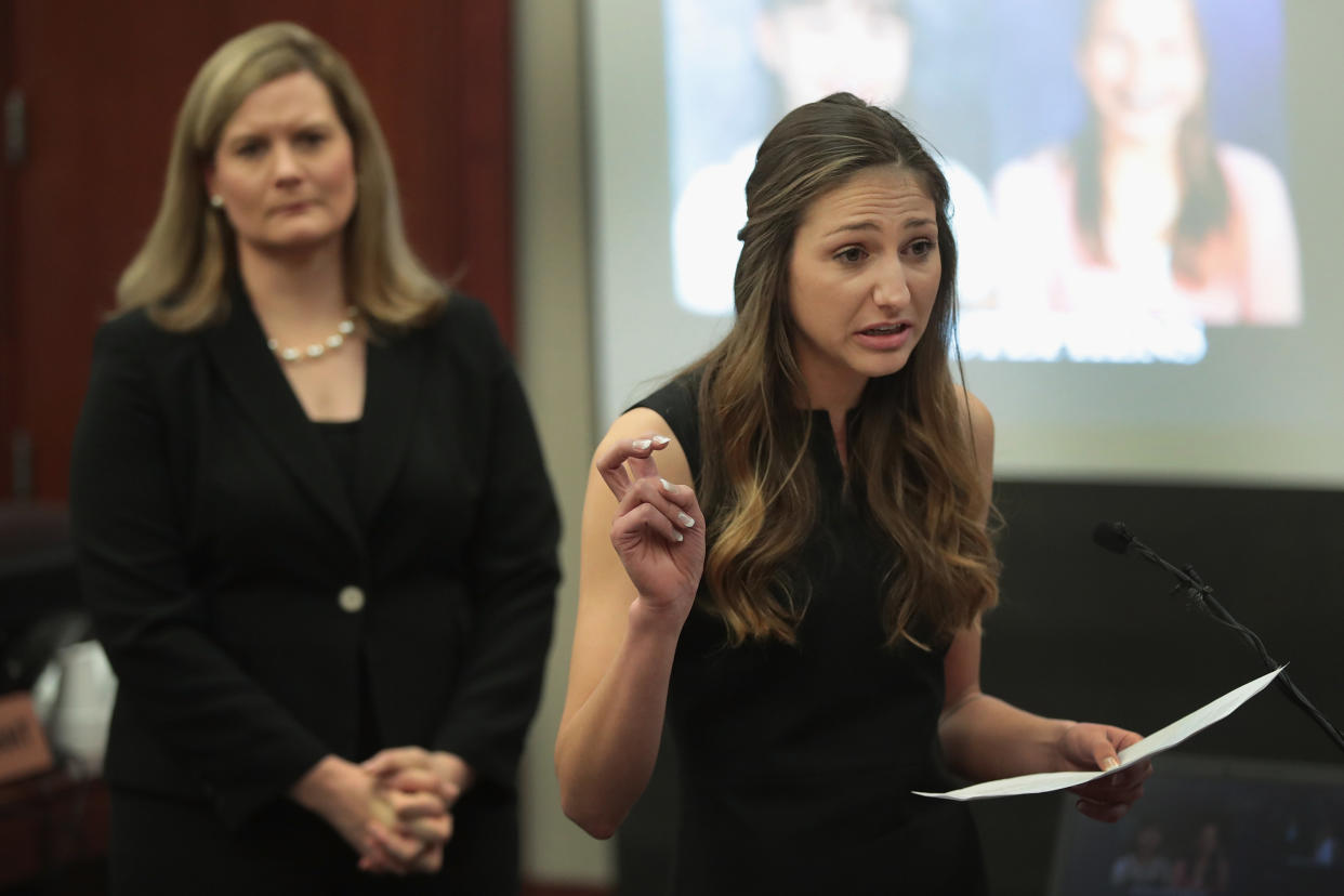 Kyle Stephens gives her victim impact statement during Larry Nassar's sentencing hearing in a Michigan court on Jan. 16. (Scott Olson via Getty Images)