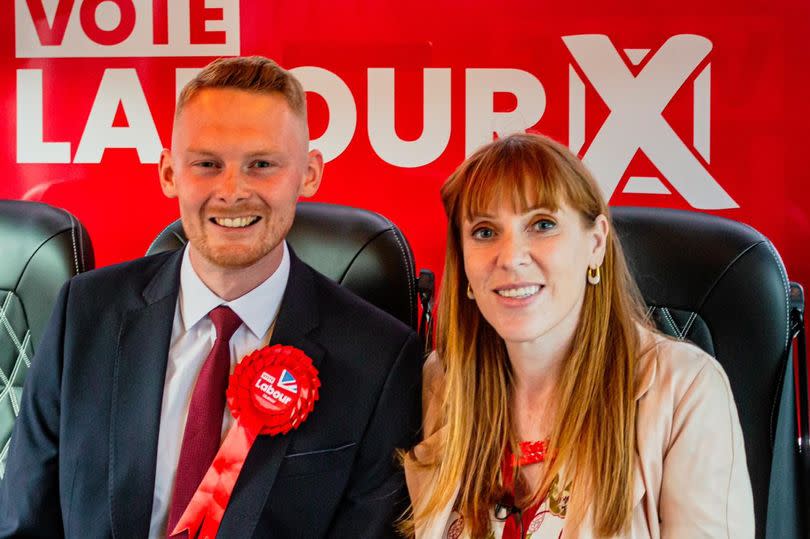 Luke Myer and Angela Rayner on the party's battle bus