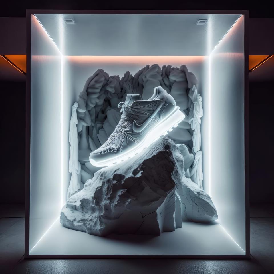 A <a href="https://wwd.com/tag/nike/" rel="nofollow noopener" target="_blank" data-ylk="slk:Nike;elm:context_link;itc:0;sec:content-canvas" class="link ">Nike</a> shoe rendered by Drop founder Ben Benichou in his “Impossible Store” series made in Midjourney AI