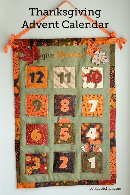 <p>Polkadot Chair</p><p>Christmas shouldn’t be the only holiday you count down the days until it arrives, so have your kids create a countdown to Thanksgiving calendar, just like this one by <a href="https://www.polkadotchair.com/thanksgiving-advent-calendar-tutorial/" rel="nofollow noopener" target="_blank" data-ylk="slk:Polkadot Chair;elm:context_link;itc:0;sec:content-canvas" class="link "><em>Polkadot Chair</em></a>. It’s cute, simple and can include as many days as you’d like.</p>