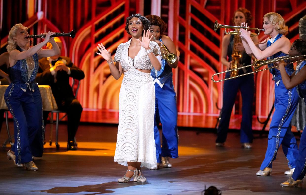 Adrianna Hicks, center, and the cast of "Some Like It Hot" perform at the 76th annual Tony Awards on Sunday, June 11, 2023, at the United Palace theater in New York. (Photo by Charles Sykes/Invision/AP)