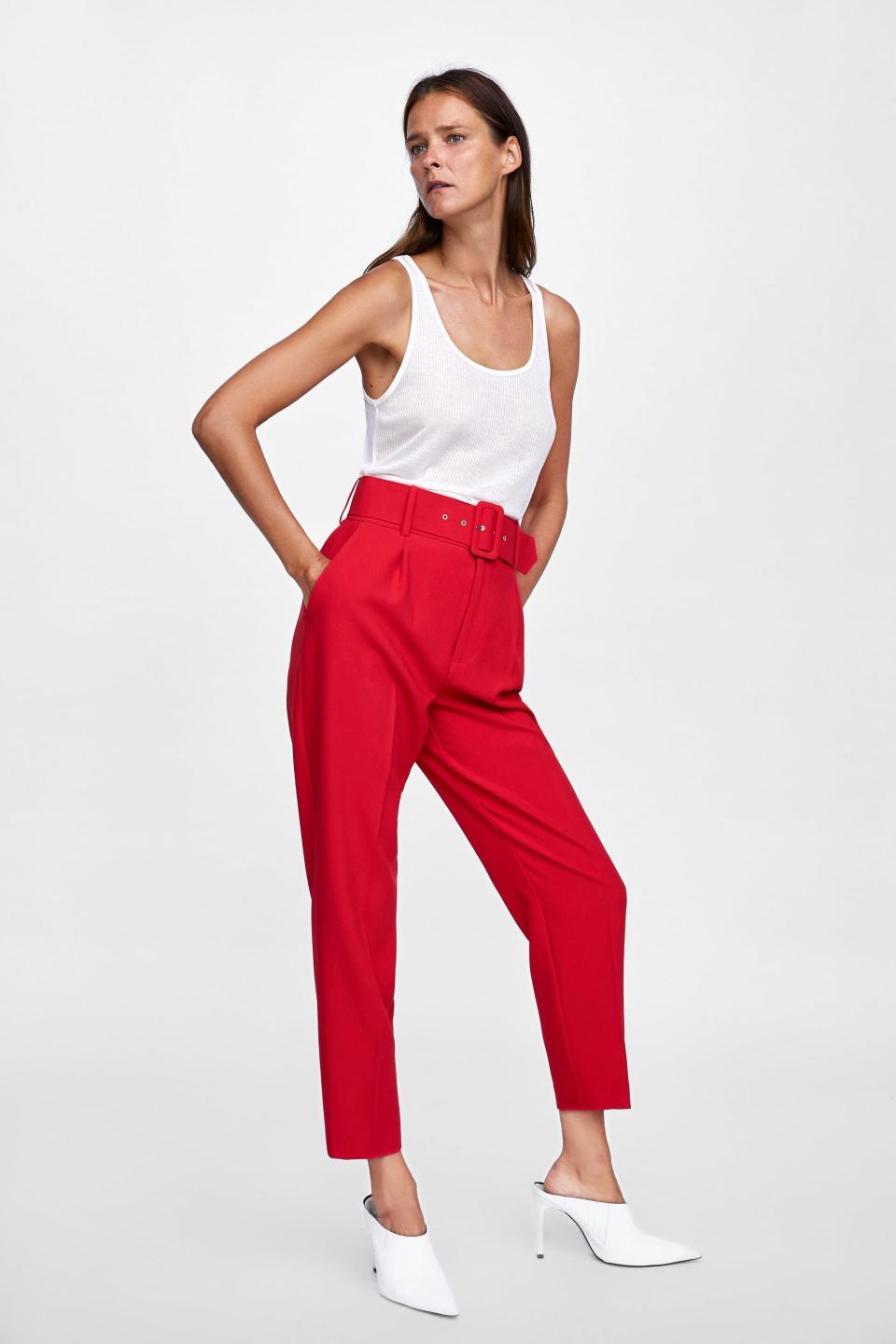 <strong><a href="https://www.zara.com/us/en/high-waisted-belted-pants-p08372228.html?v1=6582534&amp;v2=1074624" target="_blank" rel="noopener noreferrer">Zara high-waisted belted pants</a>, $49.90</strong>