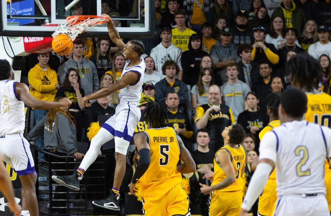 Alcorn State’s Keondre Montgomery dunks the ball in front of a stunned Koch Arena crowd as his team took down Wichita State 66-57 on Saturday.