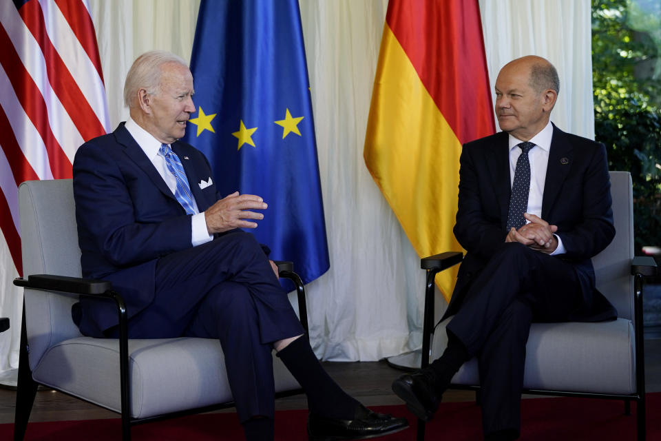 President Joe Biden and German Chancellor Olaf Scholz speak during a bilateral meeting at the G7 Summit in Elmau, Germany, Sunday, June 26, 2022. Biden is in Germany to attend the Group of Seven summit of leaders of the world's major industrialized nations. (AP Photo/Susan Walsh)