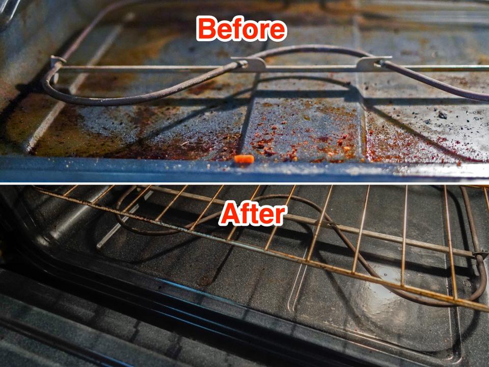 Before and after photos show how the oven looks dirty (top) and clean (R)