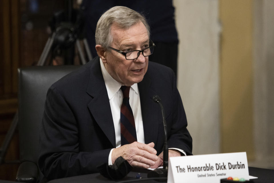 Sen. Dick Durbin, D-Ill., introduces Secretary of State nominee Antony Blinken during his confirmation hearing to be Secretary of State before the Senate Foreign Relations Committee on Capitol Hill in Washington, Tuesday, Jan. 19, 2021. (Graeme Jennings/Pool via AP)