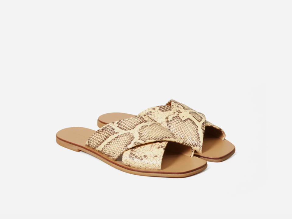 The Day Crossover Sandal in Embossed Snake. Image via Everlane.